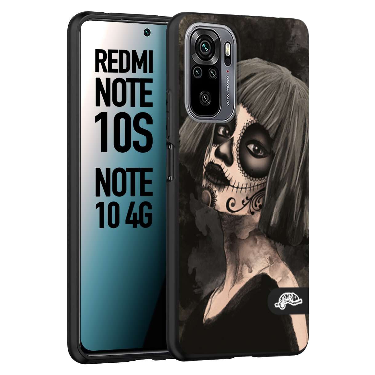 CUSTOMIZZA - Custodia cover nera morbida in tpu compatibile per Xiaomi Redmi Note 10S chicana messicana dea de la muerte donna santa tattoo disegnata