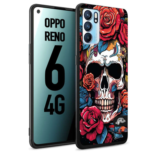 CUSTOMIZZA - Custodia cover nera morbida in tpu compatibile per Oppo Reno 6 4G teschio skull flowers fiori rose rosse tattoo disegnato