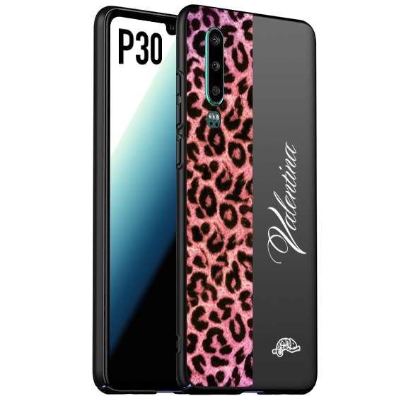 CUSTOMIZZA - Custodia cover nera morbida in tpu compatibile per Huawei P30 leopardato rosa fucsia personalizzata nome iniziali