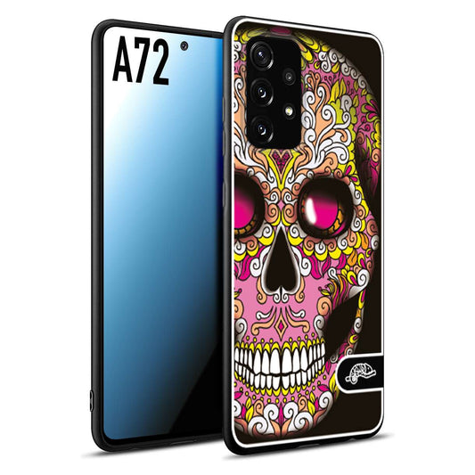 CUSTOMIZZA - Custodia cover nera morbida in tpu compatibile per Samsung A72 teschio messicano Mexican skull rosa gialla