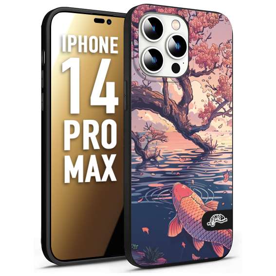 CUSTOMIZZA - Custodia cover nera morbida in tpu compatibile per iPhone 14 PRO MAX giapponese lago carpa koi rosa con foglie d'acero disegnata tattoo