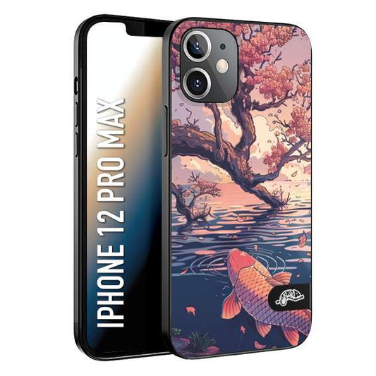 CUSTOMIZZA - Custodia cover nera morbida in tpu compatibile per iPhone 12 PRO MAX giapponese lago carpa koi rosa con foglie d'acero disegnata tattoo