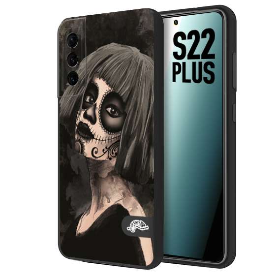 CUSTOMIZZA - Custodia cover nera morbida in tpu compatibile per Samsung S22 PLUS chicana messicana dea de la muerte donna santa tattoo disegnata