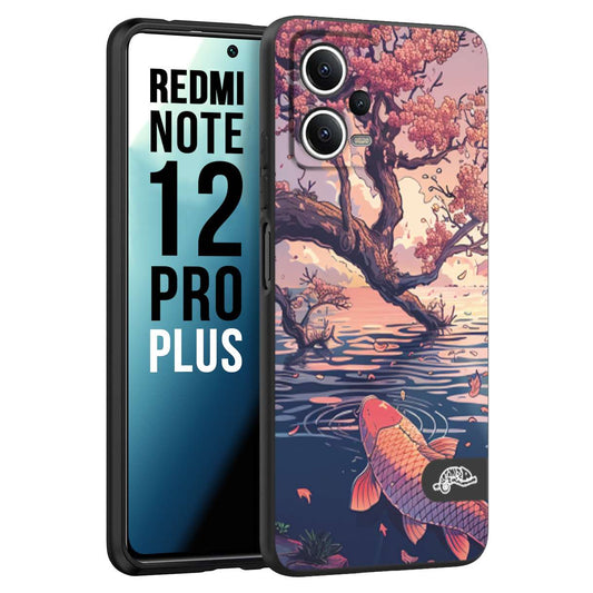 CUSTOMIZZA - Custodia cover nera morbida in tpu compatibile per Xiaomi Redmi Note 12 PRO PLUS giapponese lago carpa koi rosa con foglie d'acero disegnata tattoo