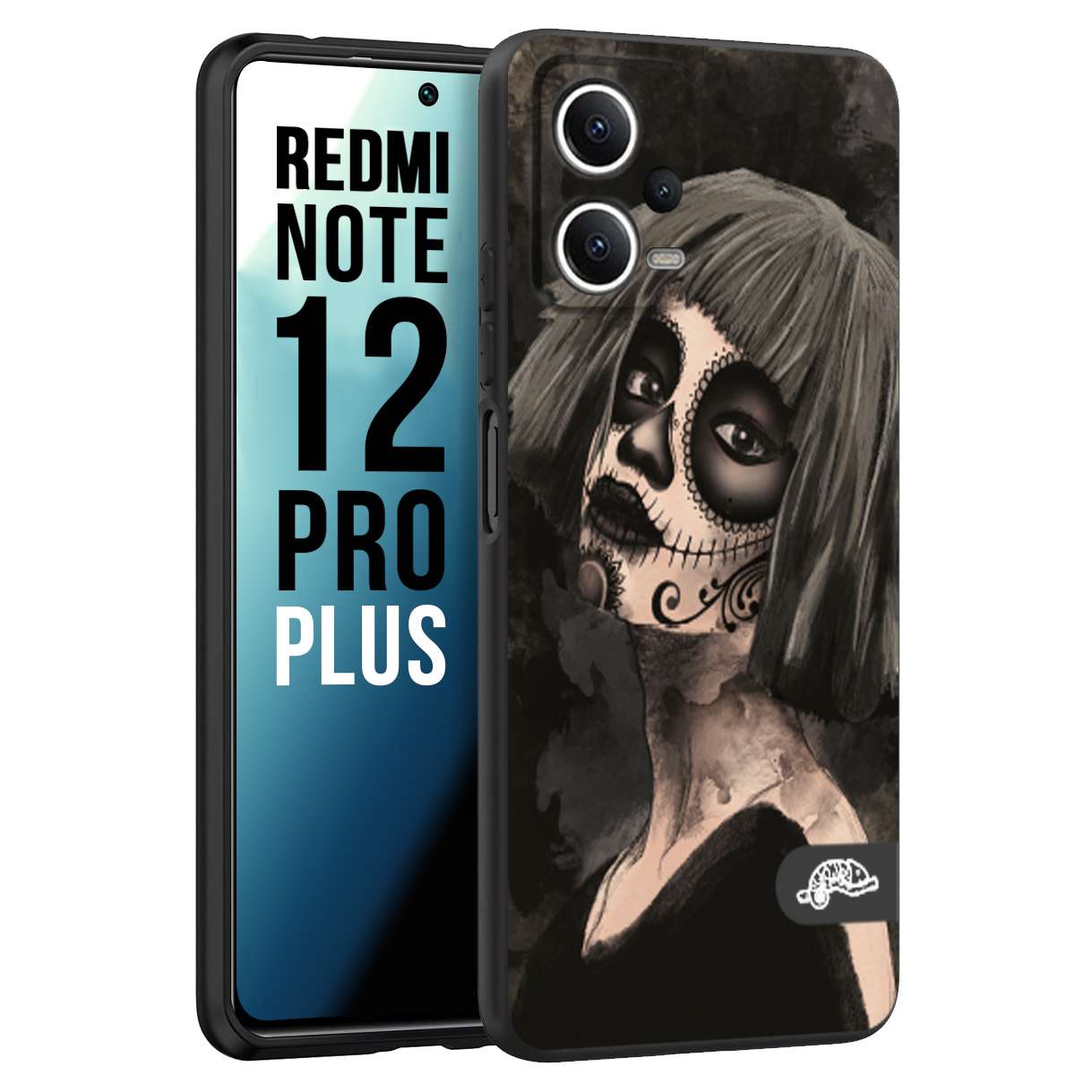 CUSTOMIZZA - Custodia cover nera morbida in tpu compatibile per Xiaomi Redmi Note 12 PRO PLUS chicana messicana dea de la muerte donna santa tattoo disegnata