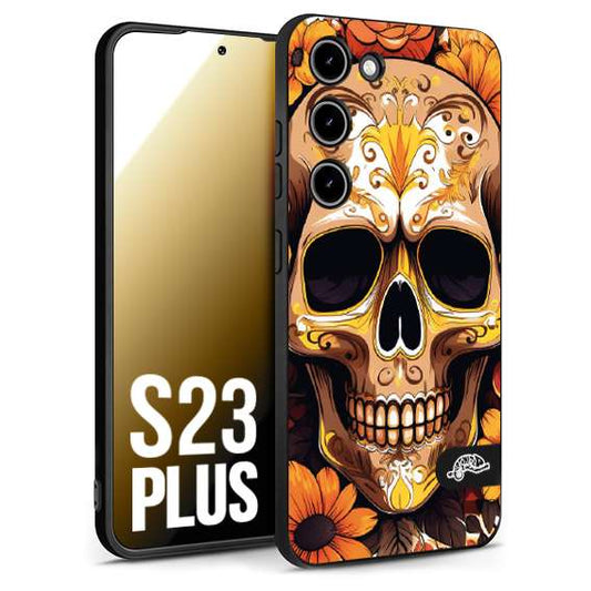 CUSTOMIZZA - Custodia cover nera morbida in tpu compatibile per Samsung S23 PLUS teschio messicano colorato dorato fiori tattoo disegnato