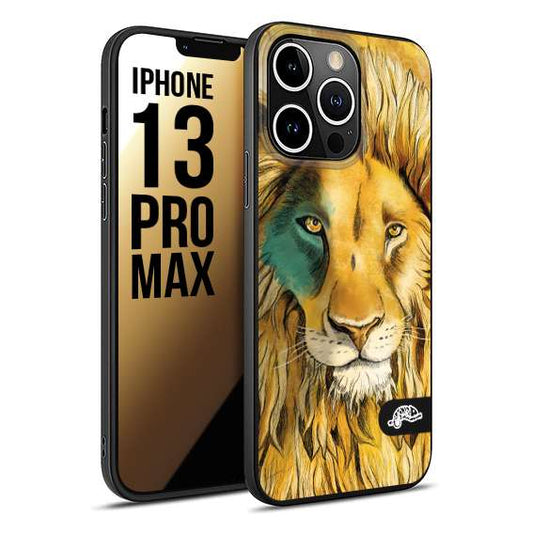 CUSTOMIZZA - Custodia cover nera morbida in tpu compatibile per iPhone 13 PRO MAX leone lion disegnato a mano giallo blu a rilievo artistico brown