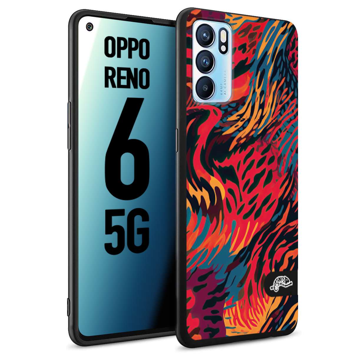 CUSTOMIZZA - Custodia cover nera morbida in tpu compatibile per Oppo Reno 6 5G leopardato maculato tigrato colorata fiamme rossa blu arancione