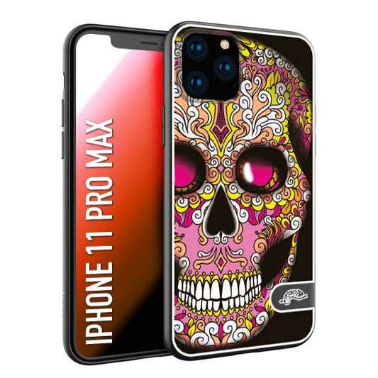 CUSTOMIZZA - Custodia cover nera morbida in tpu compatibile per iPhone 11 PRO MAX teschio messicano Mexican skull rosa gialla