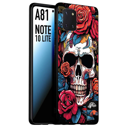 CUSTOMIZZA - Custodia cover nera morbida in tpu compatibile per Samsung A81 - Note 10 Lite teschio skull flowers fiori rose rosse tattoo disegnato