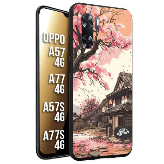 CUSTOMIZZA - Custodia cover nera morbida in tpu compatibile per Oppo A57 - A77 - A57S - A77S (4G) casa giapponese rosa ciliegio in fiore disegnata tattoo