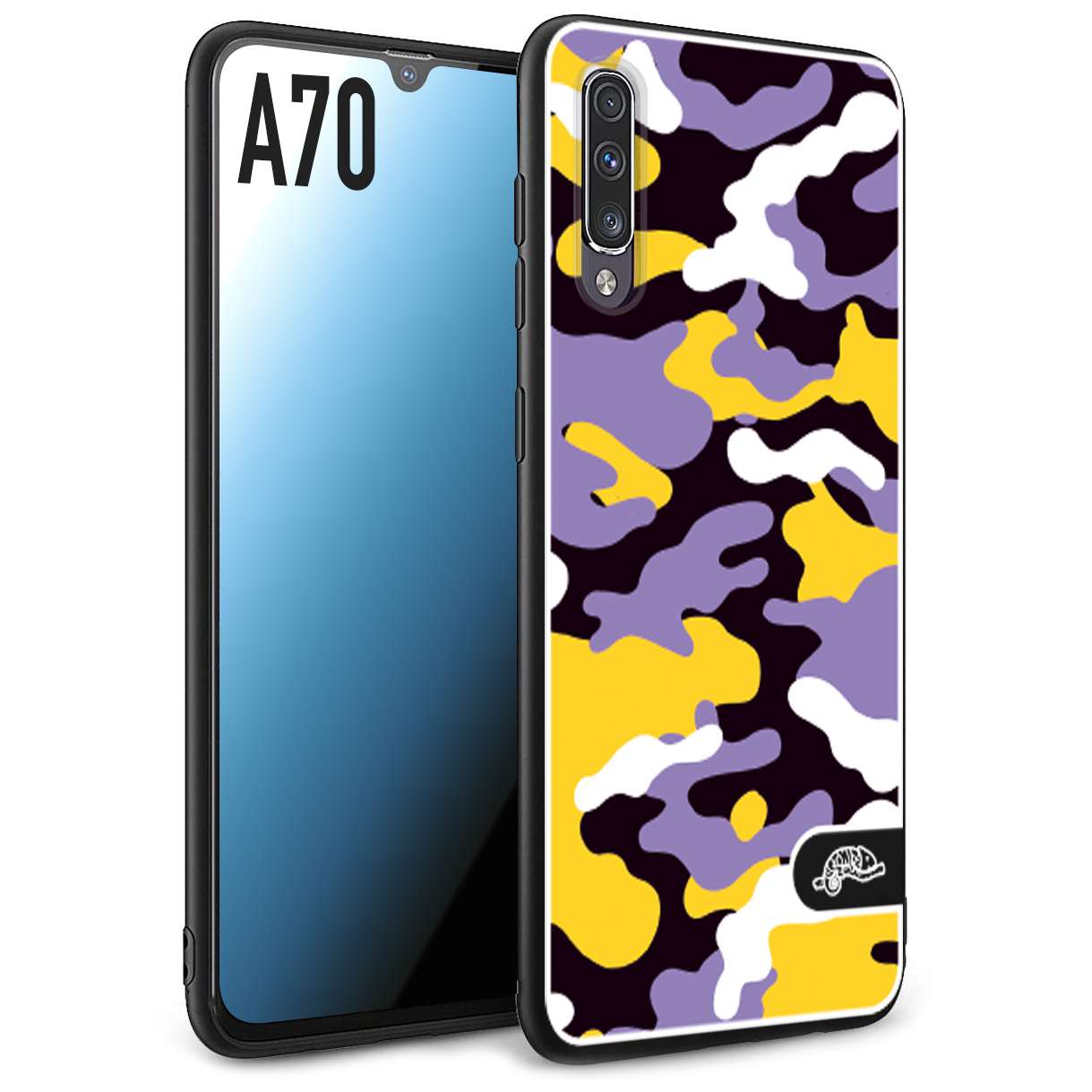 CUSTOMIZZA - Custodia cover nera morbida in tpu compatibile per Samsung A70 camouflage mimetico militare viola lilla giallo