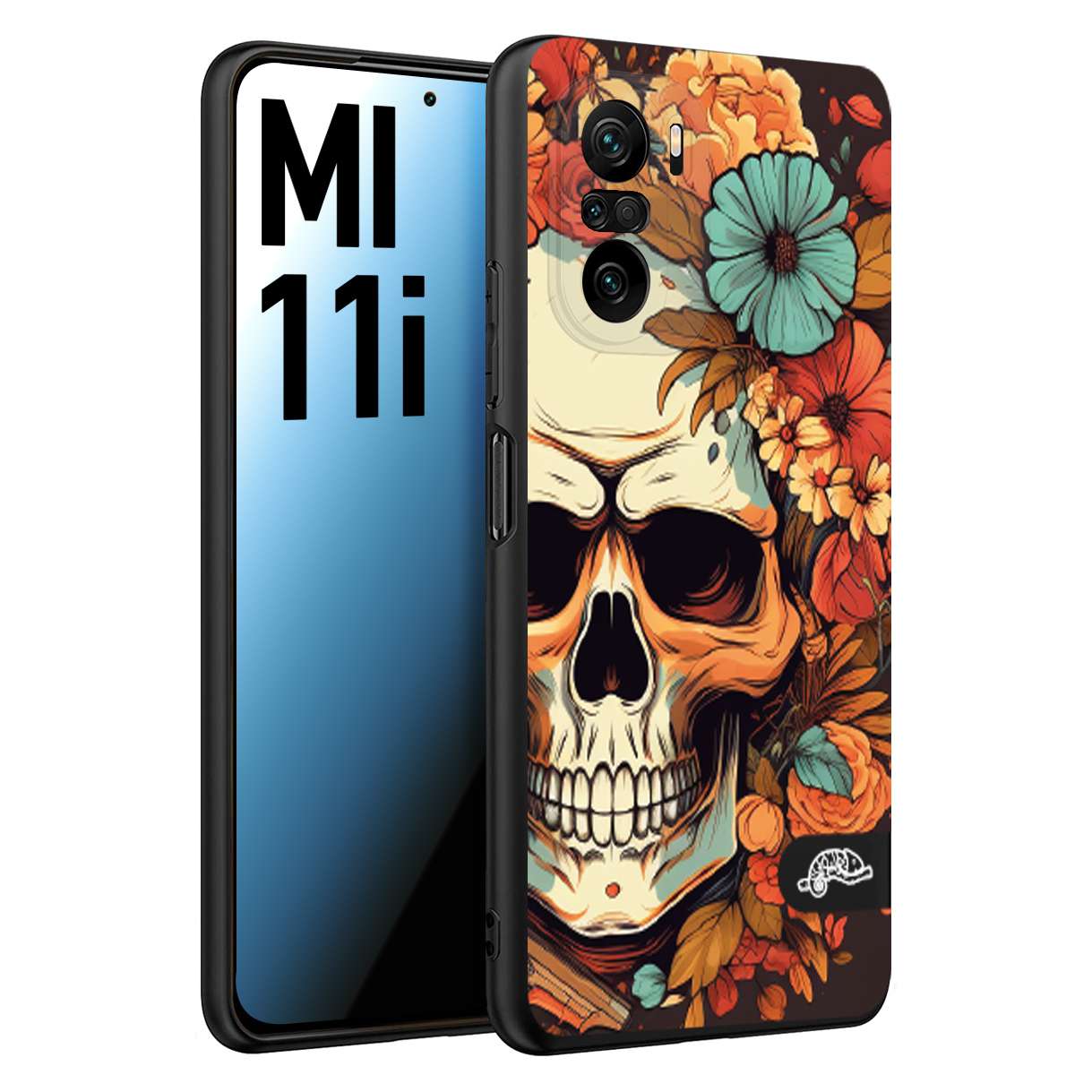 CUSTOMIZZA - Custodia cover nera morbida in tpu compatibile per Xiaomi Mi 11i teschio skull flowers fiori autunnali arancio celeste tattoo