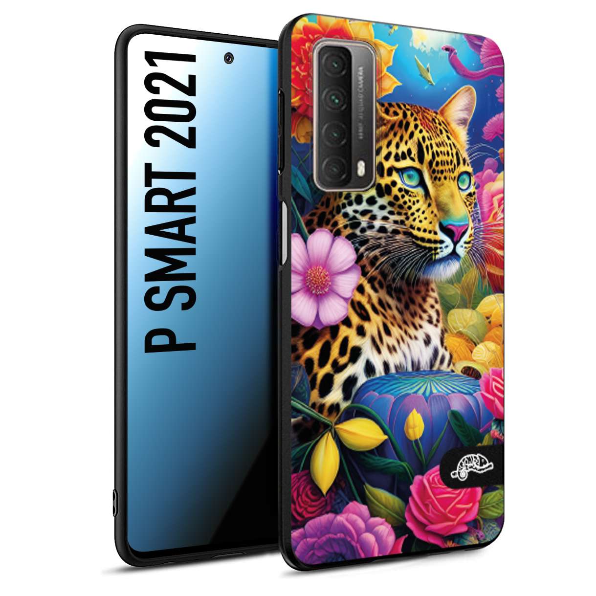 CUSTOMIZZA - Custodia cover nera morbida in tpu compatibile per Huawei P Smart 2021 fiori astratti donna flower fantasia leopardo ghepardo animali colorati