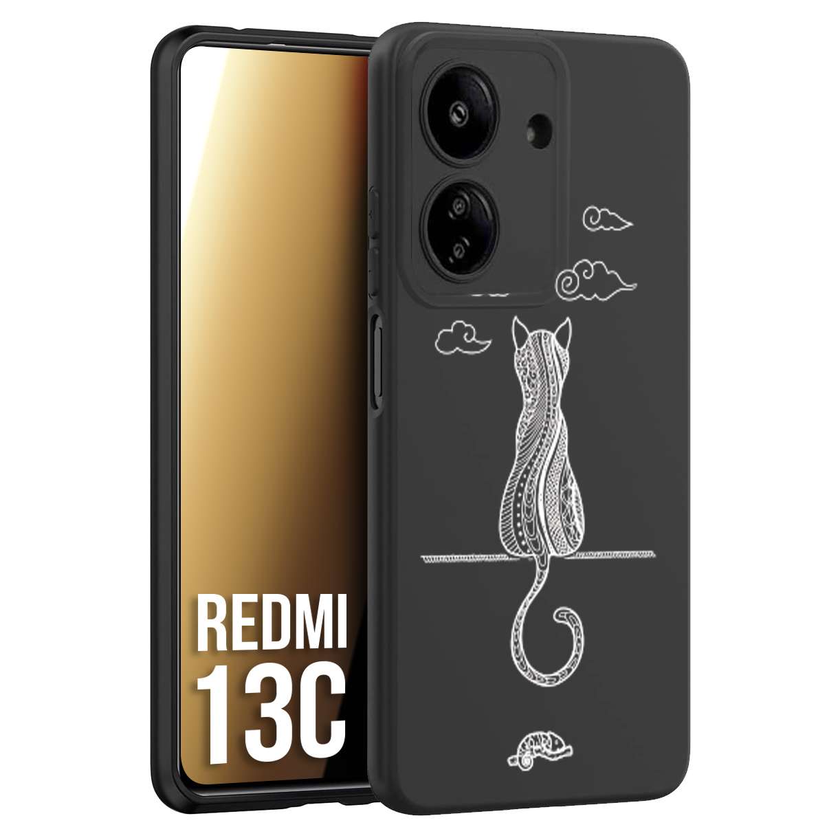 CUSTOMIZZA - Custodia cover nera morbida in tpu compatibile per Xiaomi Redmi 13C gatto mandala stilizzato gattino a rilievo soft touch donna bianca