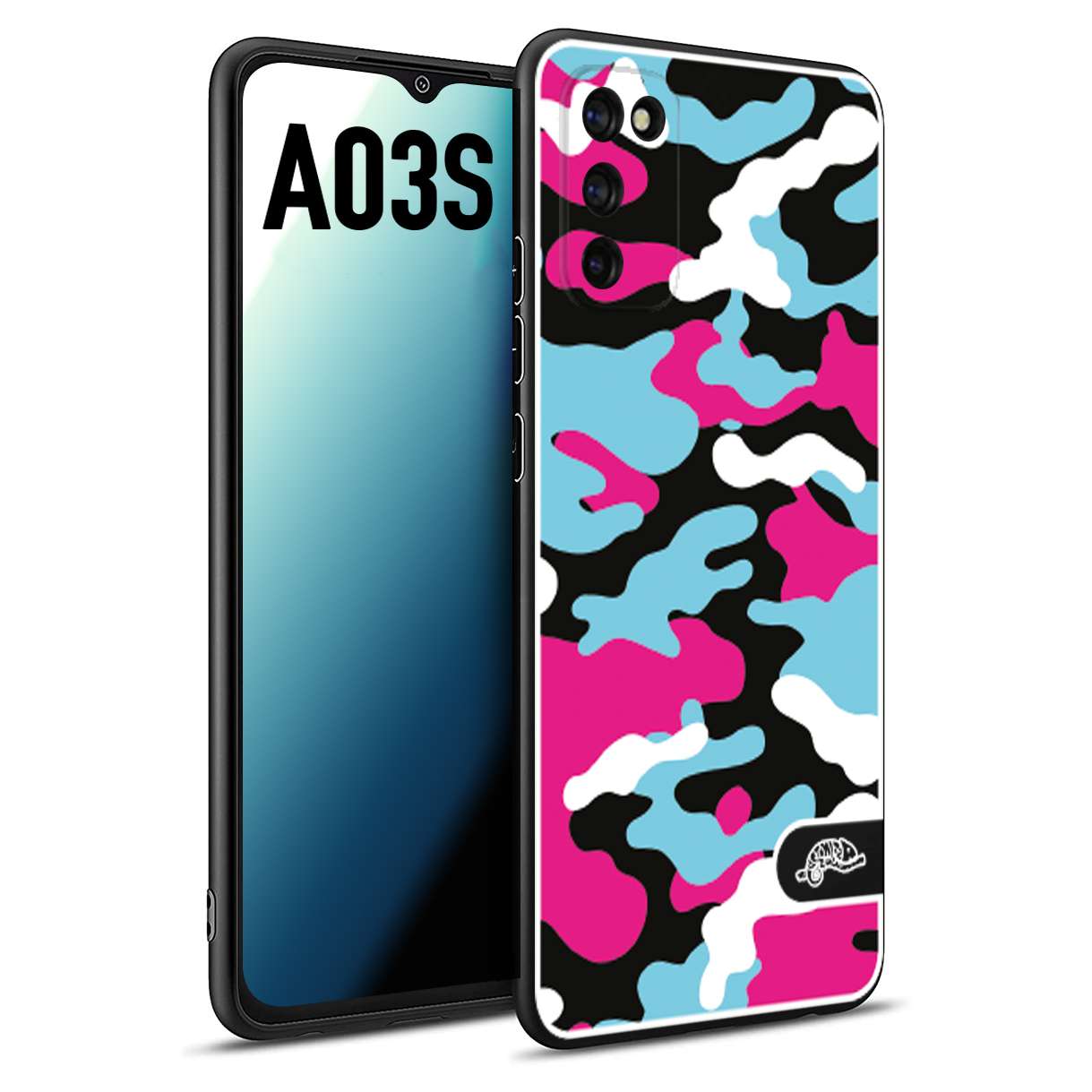 CUSTOMIZZA - Custodia cover nera morbida in tpu compatibile per Samsung A03S camouflage mimetico militare fucsia celeste