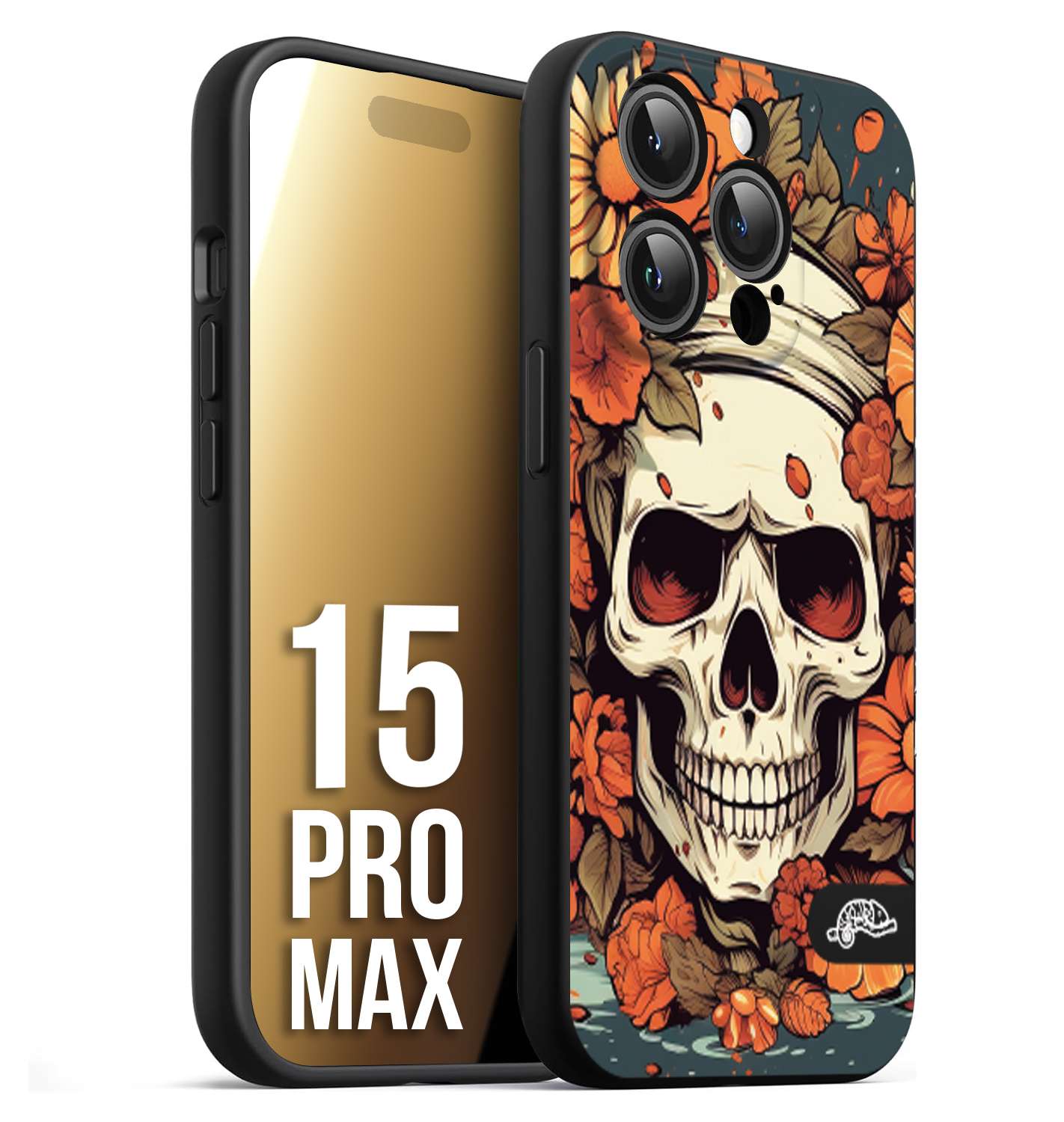 CUSTOMIZZA - Custodia cover nera morbida in tpu compatibile per iPhone 15 PRO MAX teschio skull flowers fiori tattoo disegnato alta definizione