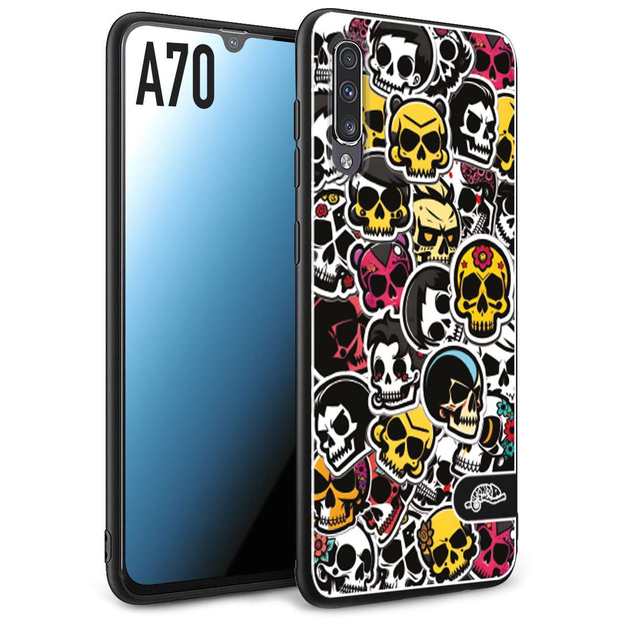 CUSTOMIZZA - Custodia cover nera morbida in tpu compatibile per Samsung A70 sticker bomb teschi colorati adesivi skulls skater snowboard