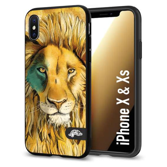 CUSTOMIZZA - Custodia cover nera morbida in tpu compatibile per iPhone X - Xs leone lion disegnato a mano giallo blu a rilievo artistico brown