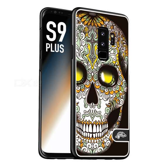 CUSTOMIZZA - Custodia cover nera morbida in tpu compatibile per Samsung S9 PLUS teschio messicano Mexican skull bianco verde giallo