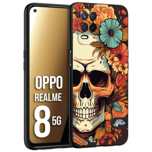 CUSTOMIZZA - Custodia cover nera morbida in tpu compatibile per Oppo Realme 8 5G teschio skull flowers fiori autunnali arancio celeste tattoo