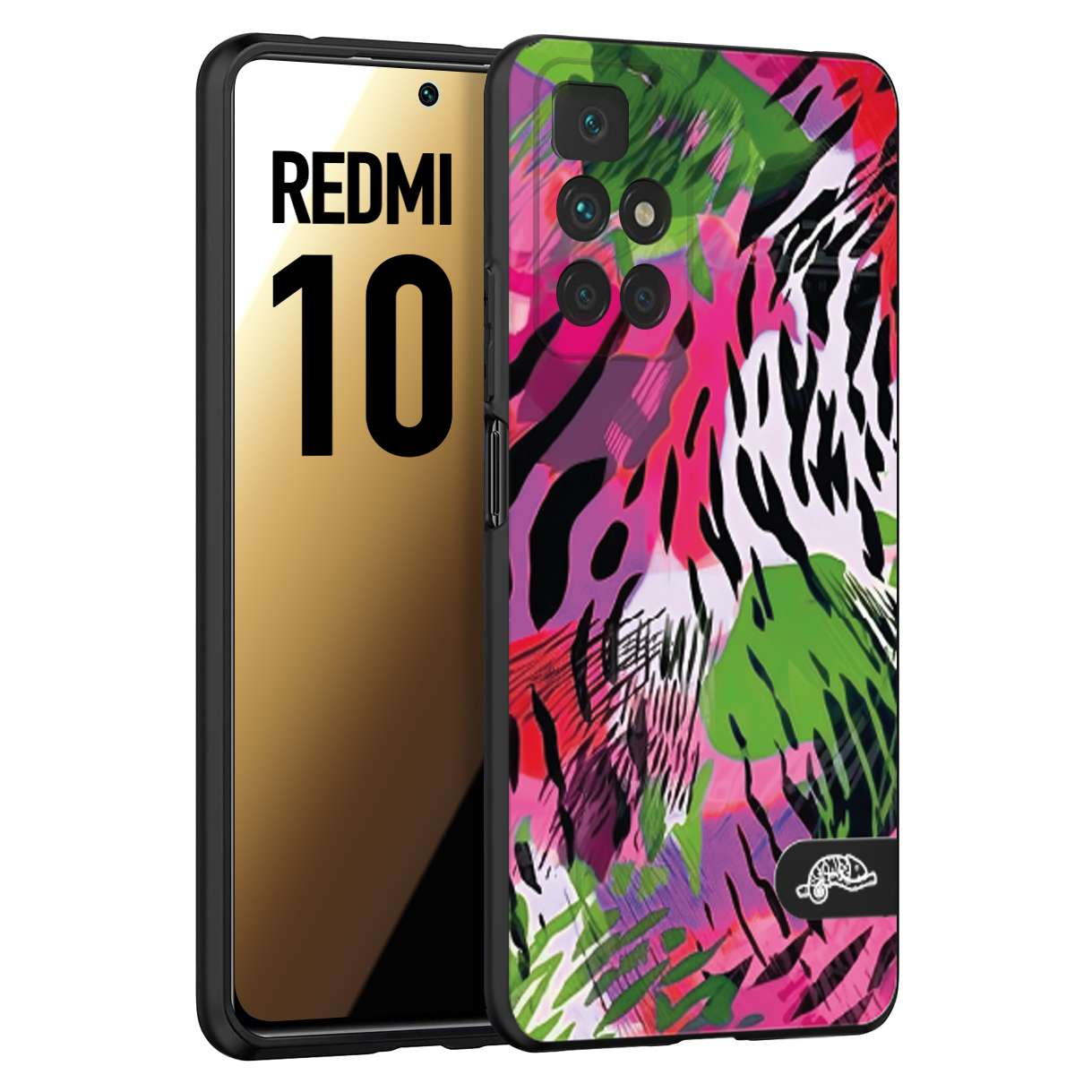 CUSTOMIZZA - Custodia cover nera morbida in tpu compatibile per Xiaomi Redmi 10 leopardato tigrato tiger colorata summer color verde fucsia