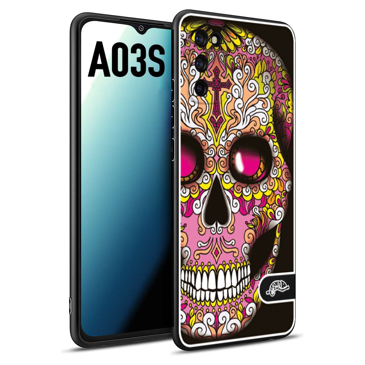 CUSTOMIZZA - Custodia cover nera morbida in tpu compatibile per Samsung A03S teschio messicano Mexican skull rosa gialla