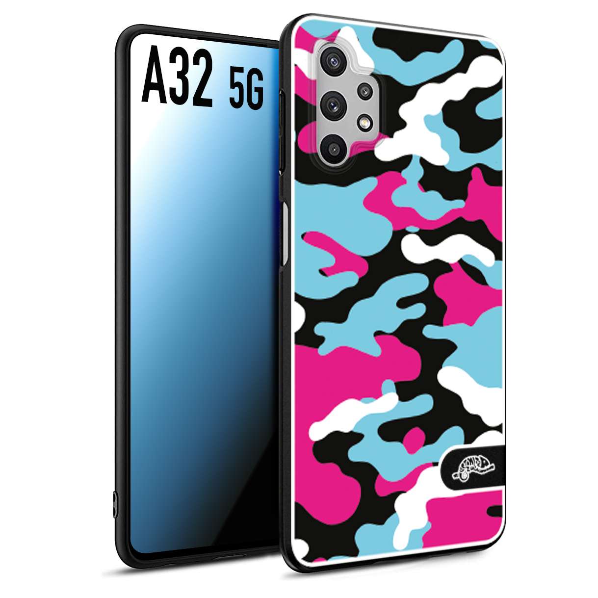 CUSTOMIZZA - Custodia cover nera morbida in tpu compatibile per Samsung A32 5G camouflage mimetico militare fucsia celeste