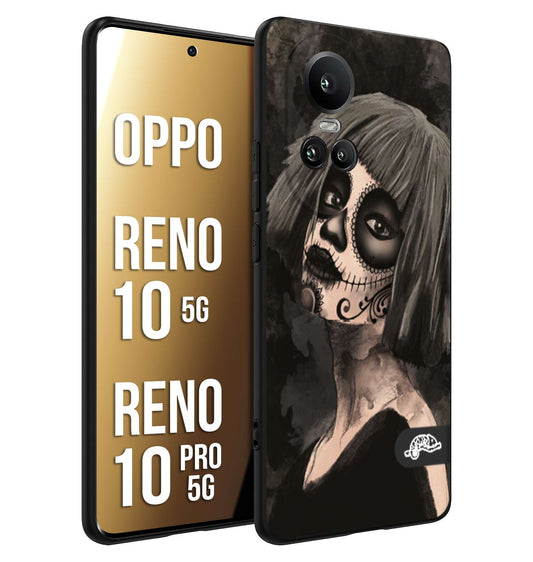 CUSTOMIZZA - Custodia cover nera morbida in tpu compatibile per Oppo Reno 10 5G - 10 PRO 5G chicana messicana dea de la muerte donna santa tattoo disegnata