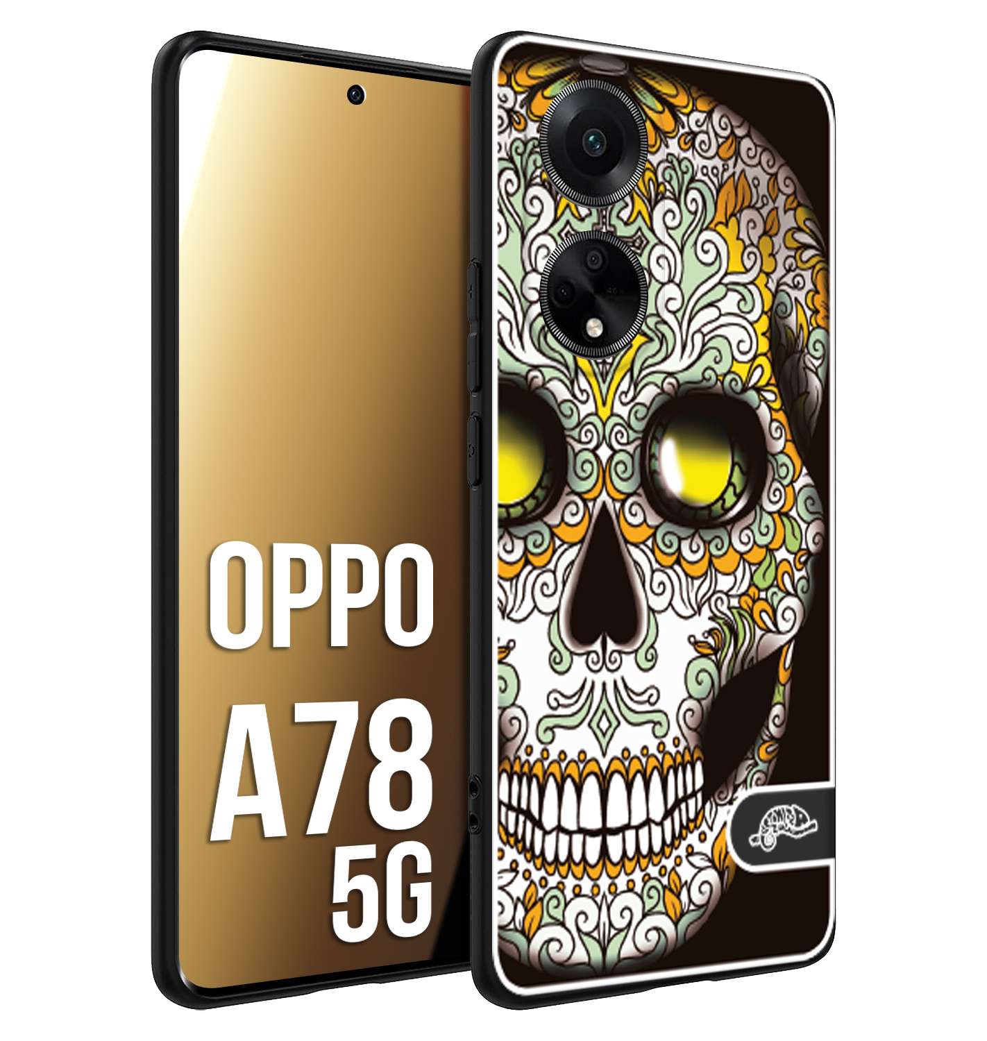 CUSTOMIZZA - Custodia cover nera morbida in tpu compatibile per Oppo A78 5G teschio messicano Mexican skull bianco verde giallo