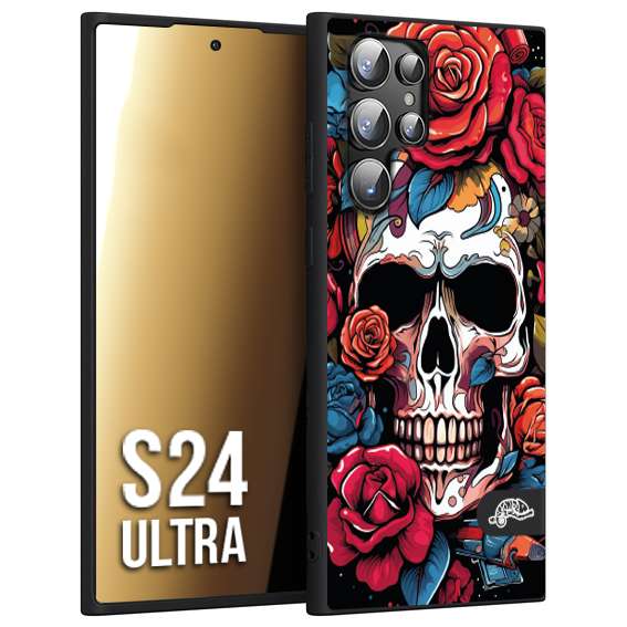 CUSTOMIZZA - Custodia cover nera morbida in tpu compatibile per Samsung S24 ULTRA teschio skull flowers fiori rose rosse tattoo disegnato