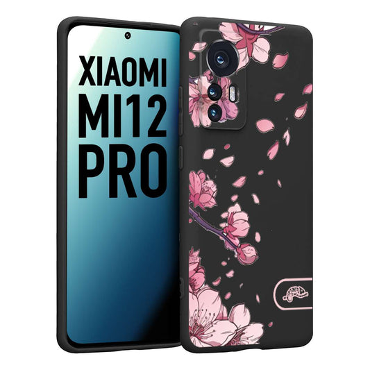 CUSTOMIZZA - Custodia cover nera morbida in tpu compatibile per Xiaomi 12 PRO giapponese fiori di ciliegio in fiore a rilievo disegnata tattoo