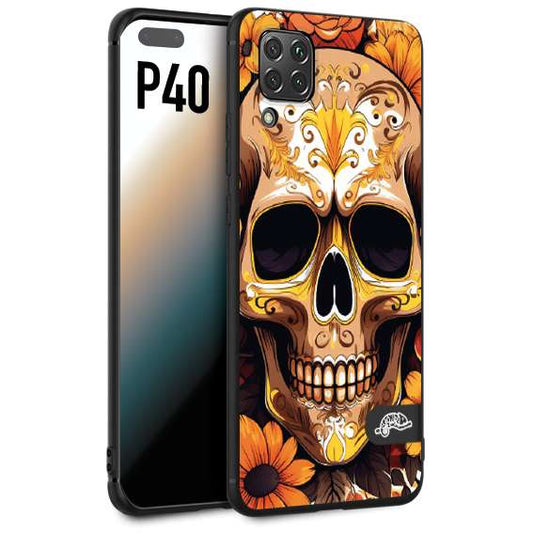 CUSTOMIZZA - Custodia cover nera morbida in tpu compatibile per Huawei P40 teschio messicano colorato dorato fiori tattoo disegnato