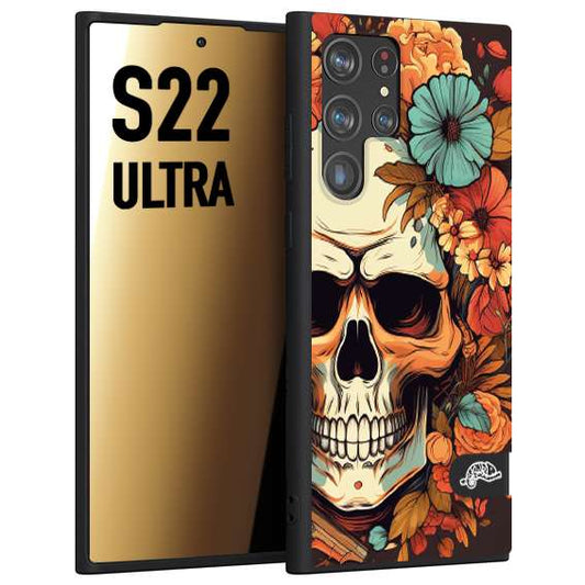 CUSTOMIZZA - Custodia cover nera morbida in tpu compatibile per Samsung S22 ULTRA teschio skull flowers fiori autunnali arancio celeste tattoo