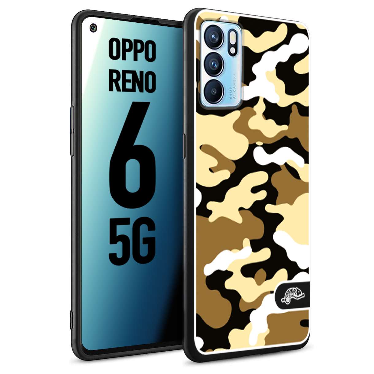 CUSTOMIZZA - Custodia cover nera morbida in tpu compatibile per Oppo Reno 6 5G camouflage mimetico militare giallo desert brown