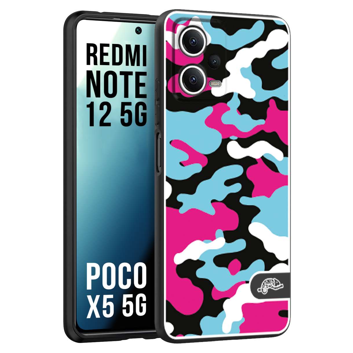 CUSTOMIZZA - Custodia cover nera morbida in tpu compatibile per Xiaomi Redmi Note 12 - POCO X5 5G camouflage mimetico militare fucsia celeste