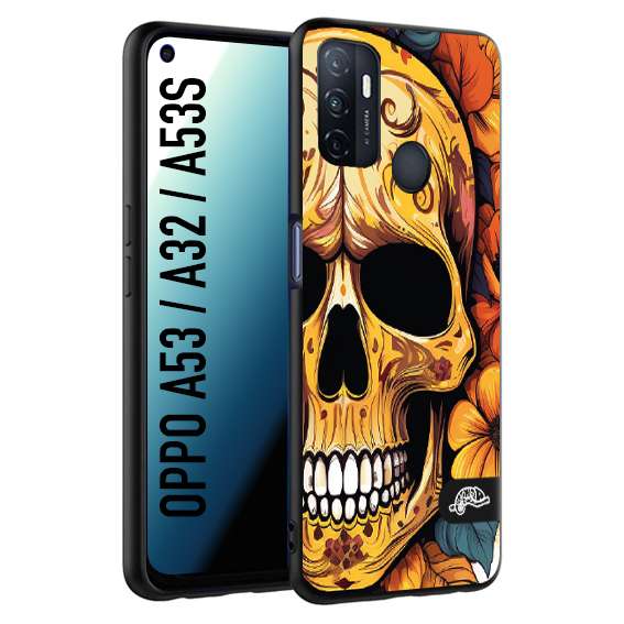 CUSTOMIZZA - Custodia cover nera morbida in tpu compatibile per Oppo A53 - A32 - A53S teschio messicano colorato dorato fiori autunnali disegnato