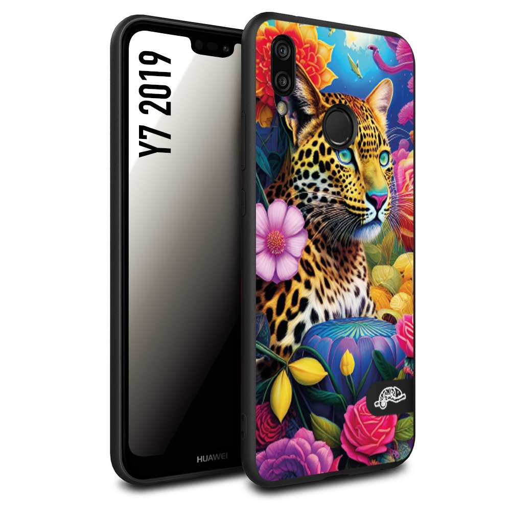 CUSTOMIZZA - Custodia cover nera morbida in tpu compatibile per Huawei Y7 2019 fiori astratti donna flower fantasia leopardo ghepardo animali colorati