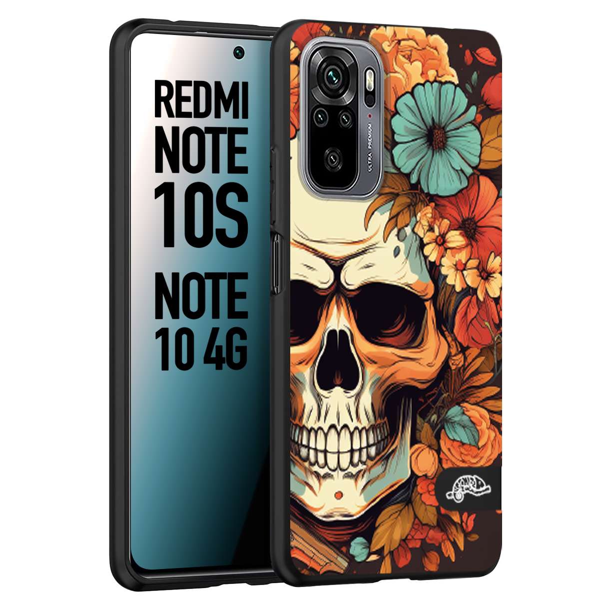 CUSTOMIZZA - Custodia cover nera morbida in tpu compatibile per Xiaomi Redmi Note 10S teschio skull flowers fiori autunnali arancio celeste tattoo