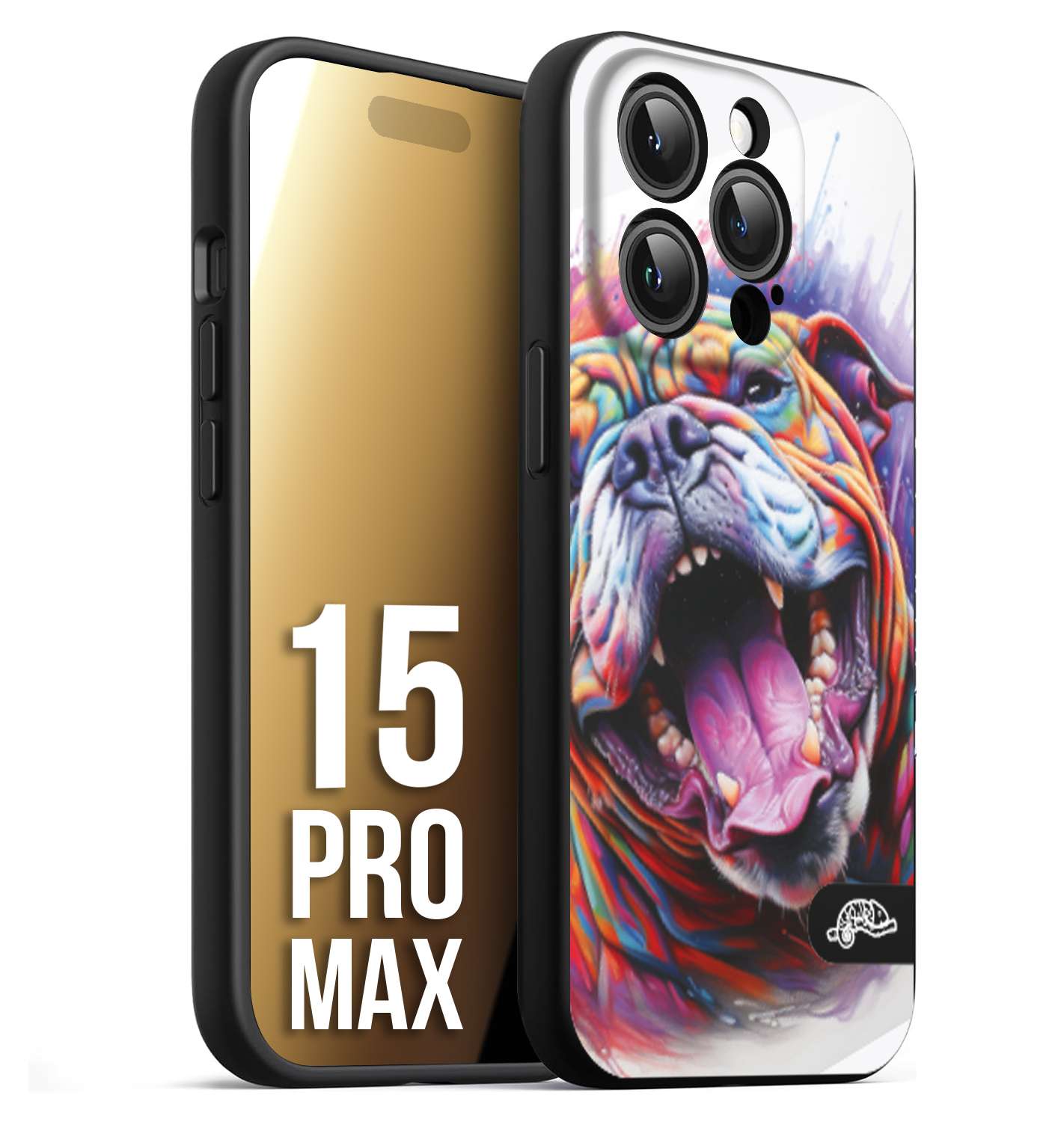 CUSTOMIZZA - Custodia cover nera morbida in tpu compatibile per iPhone 15 PRO MAX animali color bulldog cane dog colori vibranti disegnato schizzo