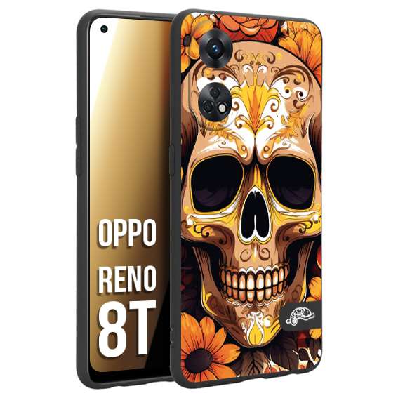 CUSTOMIZZA - Custodia cover nera morbida in tpu compatibile per Oppo Reno 8T teschio messicano colorato dorato fiori tattoo disegnato