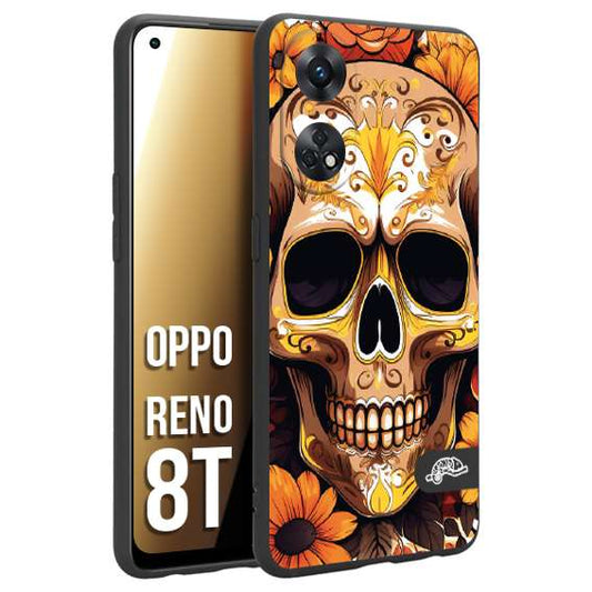 CUSTOMIZZA - Custodia cover nera morbida in tpu compatibile per Oppo Reno 8T teschio messicano colorato dorato fiori tattoo disegnato