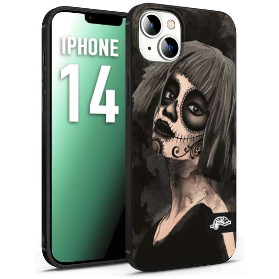 CUSTOMIZZA - Custodia cover nera morbida in tpu compatibile per iPhone 14 chicana messicana dea de la muerte donna santa tattoo disegnata