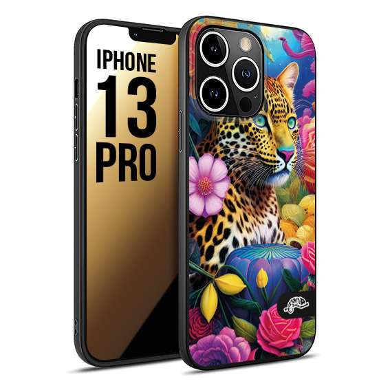 CUSTOMIZZA - Custodia cover nera morbida in tpu compatibile per iPhone 13 PRO fiori astratti donna flower fantasia leopardo ghepardo animali colorati