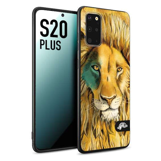 CUSTOMIZZA - Custodia cover nera morbida in tpu compatibile per Samsung S20 PLUS leone lion disegnato a mano giallo blu a rilievo artistico brown