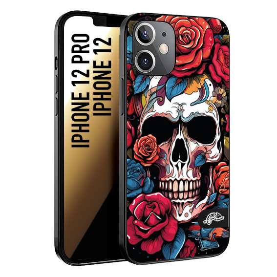 CUSTOMIZZA - Custodia cover nera morbida in tpu compatibile per iPhone 12 - 12 PRO teschio skull flowers fiori rose rosse tattoo disegnato