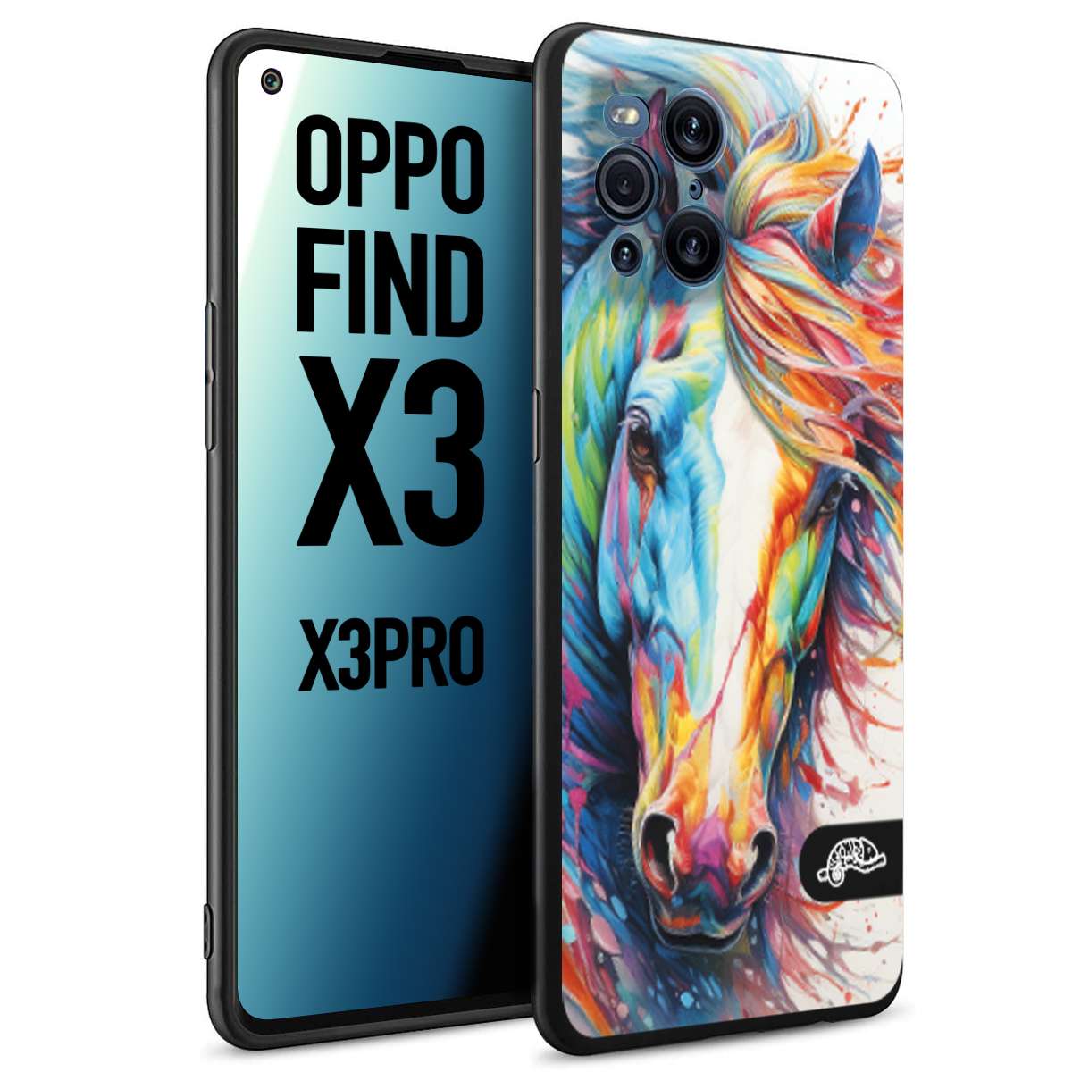 CUSTOMIZZA - Custodia cover nera morbida in tpu compatibile per Oppo Find X3 - Find X3 Pro 5G animali color cavallo horse viso colori vibranti disegnato schizzo