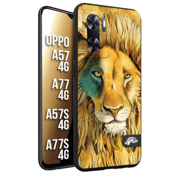 CUSTOMIZZA - Custodia cover nera morbida in tpu compatibile per Oppo A57 - A77 - A57S - A77S (4G) leone lion disegnato a mano giallo blu a rilievo artistico brown