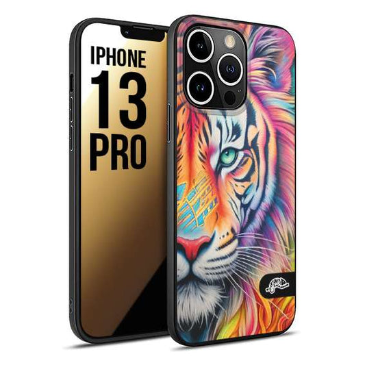 CUSTOMIZZA - Custodia cover nera morbida in tpu compatibile per iPhone 13 PRO animali color tigre tiger viso colori vibranti disegnato schizzo