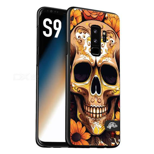 CUSTOMIZZA - Custodia cover nera morbida in tpu compatibile per Samsung S9 teschio messicano colorato dorato fiori tattoo disegnato